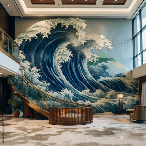 Leinwand Poster a reinterpretation of The Great Wave of Kanagawa in a 5-star hotel lobby