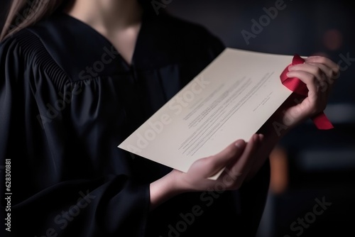 closeup shot of an unrecognisable student holding a diploma on graduation day photo