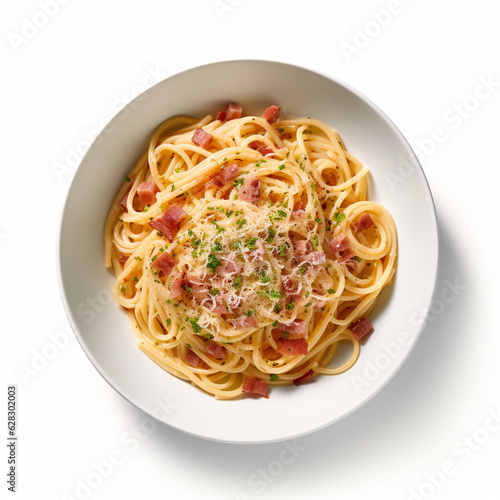 Top-down view of a bowl of spaghetti carbonara. 