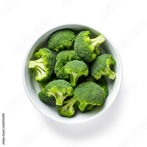 Top-down view of a bowl of broccoli.