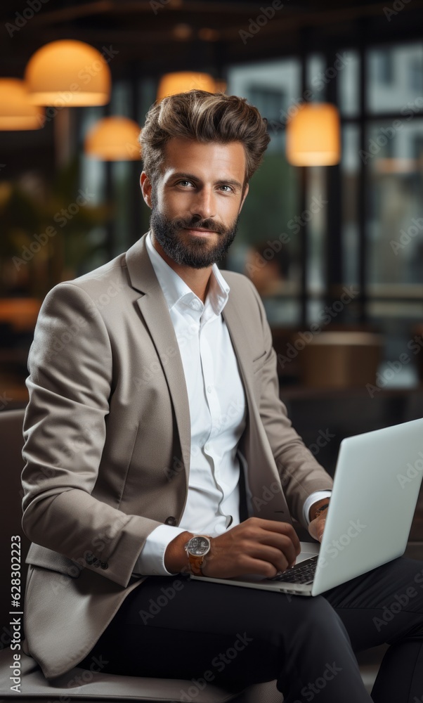Attractive businessman sitting in an office with a laptop Attractive businessman sitting in an office with a laptop
