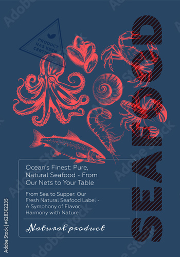 Fresh seafood shop poster. Vintage sketch marine life on colored background. Fishy market retro print. Sea food label creative typography design. Natural fish product placard. Engraved drawing artwork