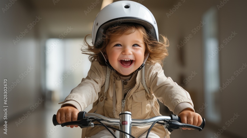 Spellbinding portrait of a joyful smiling baby that riding a bike. Generative AI Spellbinding portrait of a joyful smiling baby that riding a bike. Generative AI