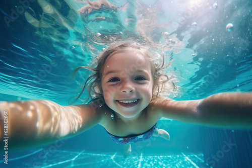 A little girl swimming underwater in a pool