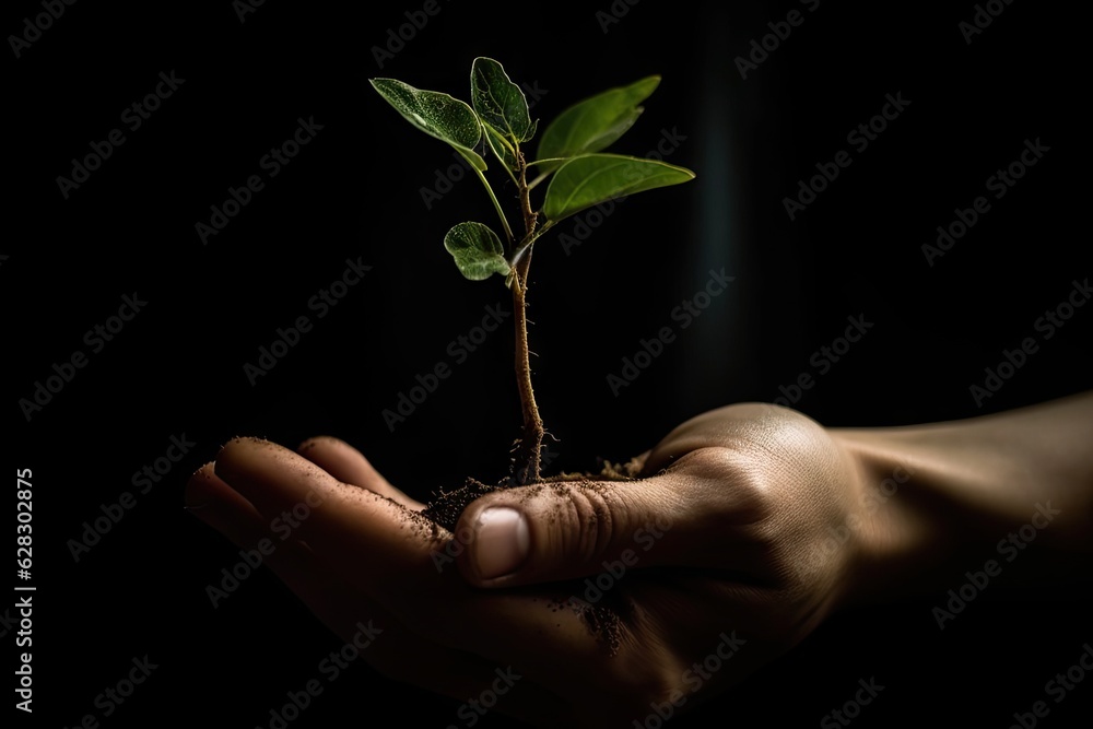 hand holds soil with plant hand holds soil with plant