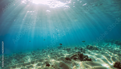 Underwater shot with sunrays in deep tropical sea