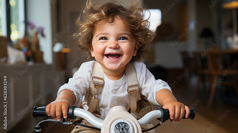 Spellbinding portrait of a joyful smiling baby that riding a bike ...