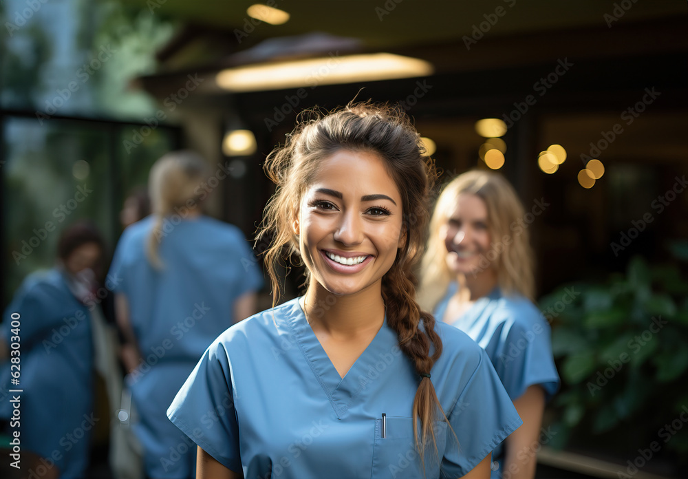 A group of women in scrubs standing outside of a medical building