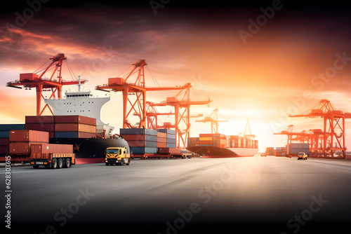 business logistics and transportation concept of container cargo ship and cargo plane with working crane bridge in shipyard at sunset sky logistic import export and transport industry background