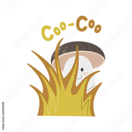 Mushroom character design with handwritten lettering Coo-Coo. Pretty fungi hiding in yellow grass. Autumn seasonal mascot. Porcini personage hand drawn flat vector illustration isolated on white