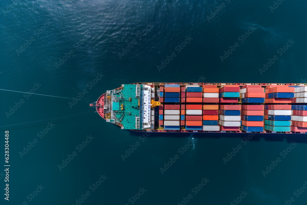 Fototapeta premium aerial top view container ship in the pier with crane bridge carries and physical system icons out export and import business in the open sea logistics and transportation banner panorama