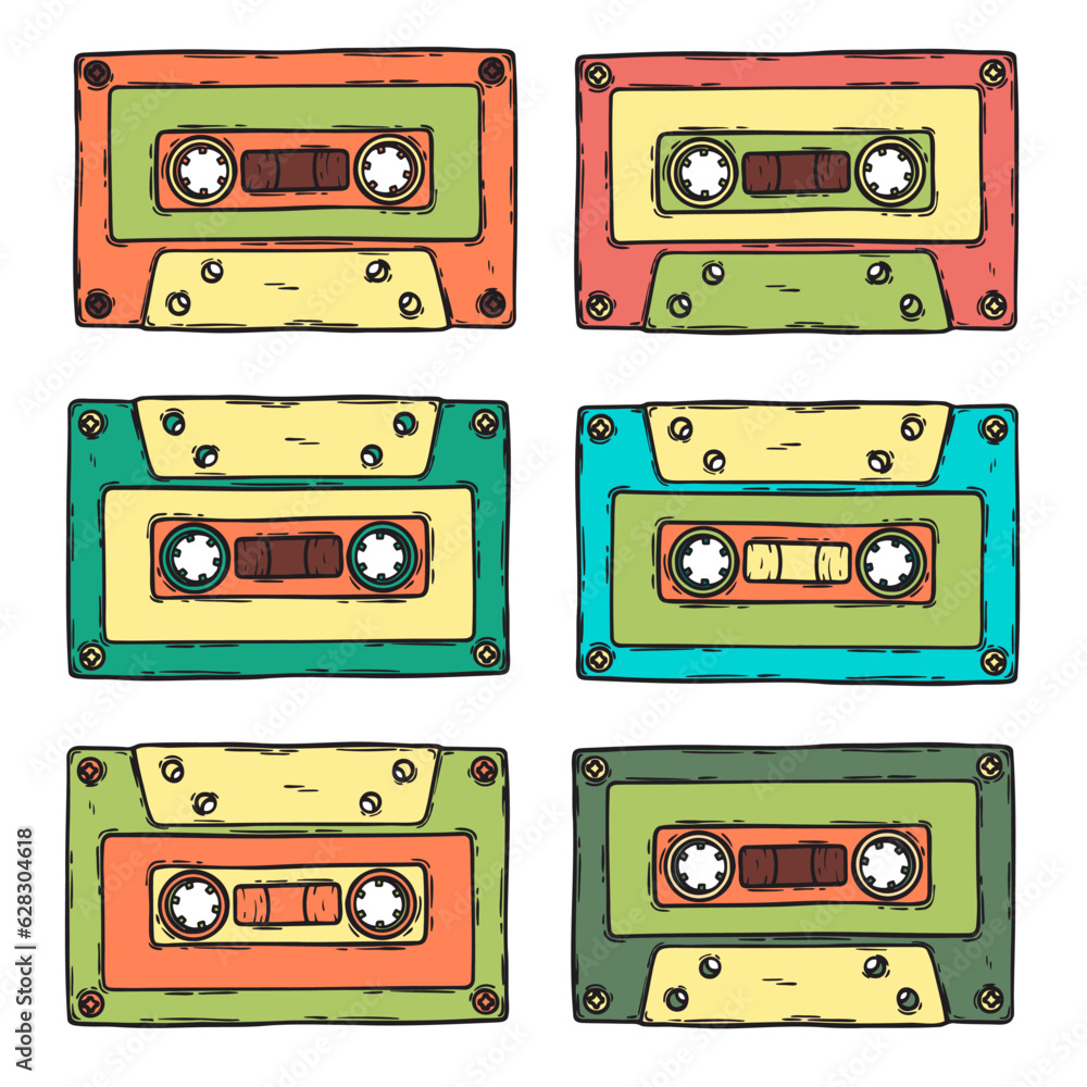 Fototapeta premium Retro audio cassette 80s, 70s, 60s music sound tape, hand drawn vector colorful background