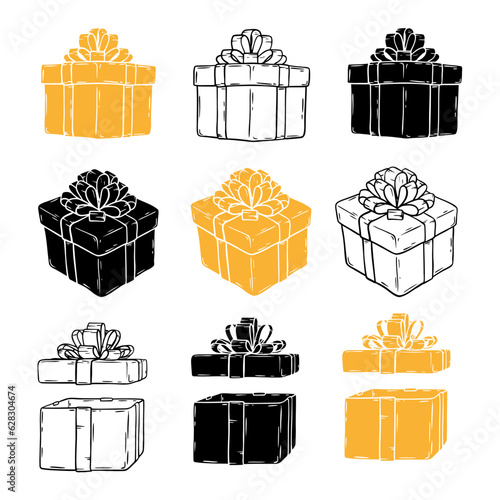 Hand drawn gifts silhouette collection. Doodle illustrations present box with ribbons. Christmas gift symbols isolated on white