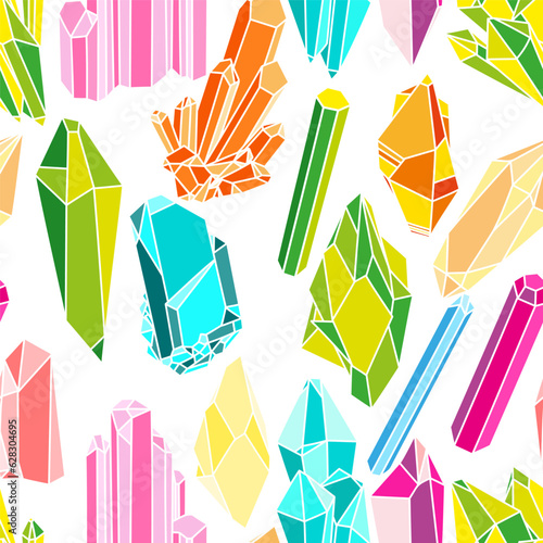 Set of geometric colorful crystals seamless pattern.  Vector illustration background. Alternative medicine, magic, crystal healing, astrology