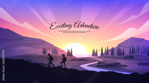 Vector illustration. Traveflers hill walks. Travel concept of discovering, exploring and observing nature. Hiking. Adventure tourism. Couple walking with backpack and travel sticks. Website template. 
