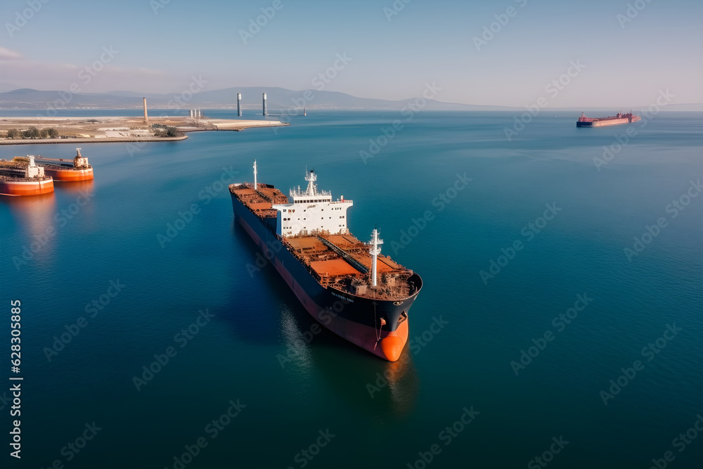 bulk vessel for dry cargo in anchorage in sea waiting loading in industrial port aerial shot