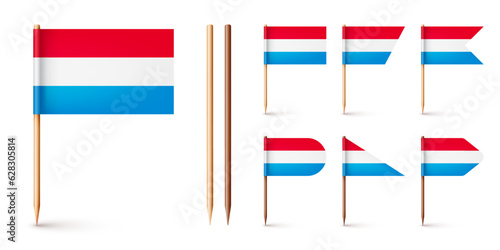 Luxembourgish toothpick flags. Souvenir from Luxembourg. Wooden toothpicks with paper flag. Location mark, map pointer. Blank mockup for advertising and promotions. Vector illustration