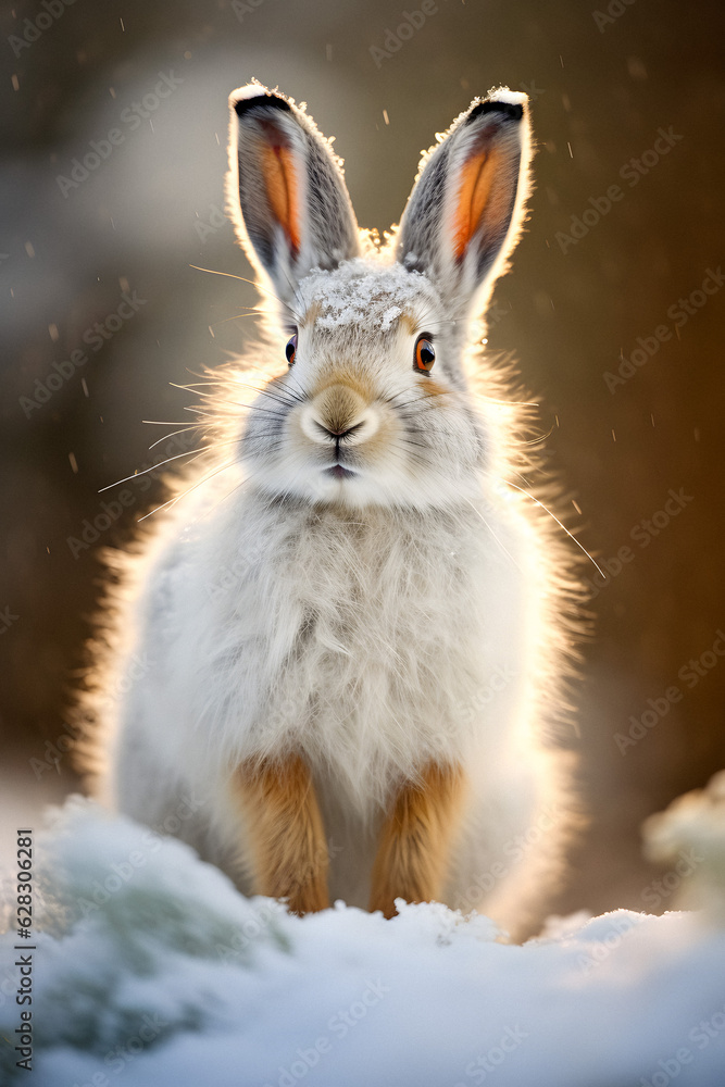 Winter Wonderland: Close-Up of Mountain Hare in Snow, generative ai Winter Wonderland: Close-Up of Mountain Hare in Snow, generative ai