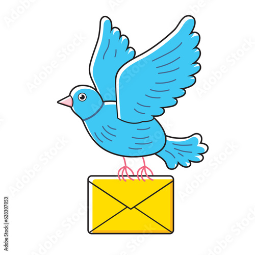 Dove mail, blue pigeon bird flying with a yellow envelope post cartoon vector illustration.