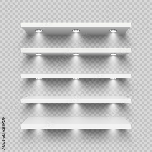 Realistic white store shelves with lighting, spotlights. Empty product shelf, grocery wall rack. Mall and supermarket furniture, bookshelf. Modern interior design element. Vector illustration