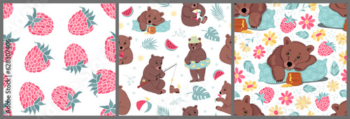 The cute bears are on summer vacation. Set of seamless patterns with cute little bears with flowers, fruits, and leaves. Hand-drawn colorful flat vector illustration.