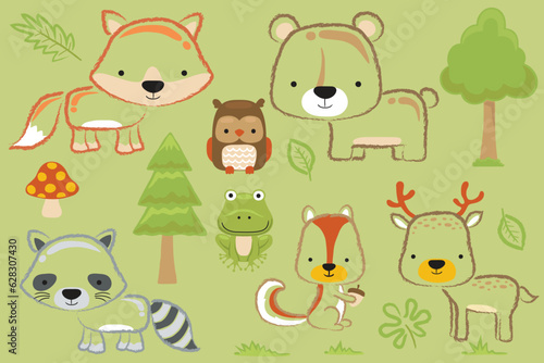 Group of woodland animals cartoon with forest elements in hand drawn style © Bhonard21