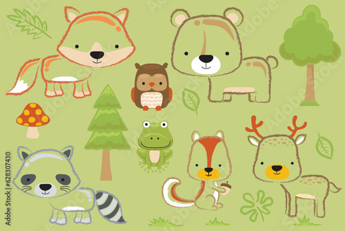 Group of woodland animals cartoon with forest elements in hand drawn style