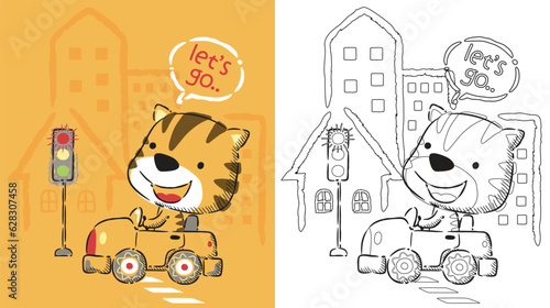 Coloring book cartoon of funny cat driving car in the city road elements in hand drawn style