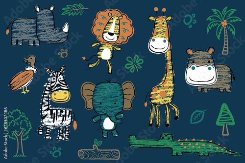 Group of safari animals cartoon with forest element in hand drawn style