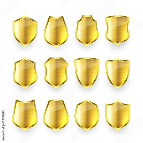 Set of various vintage 3d metal shield icons. Shiny golden heraldic shields. Black protection and security symbol, label. Vector illustration