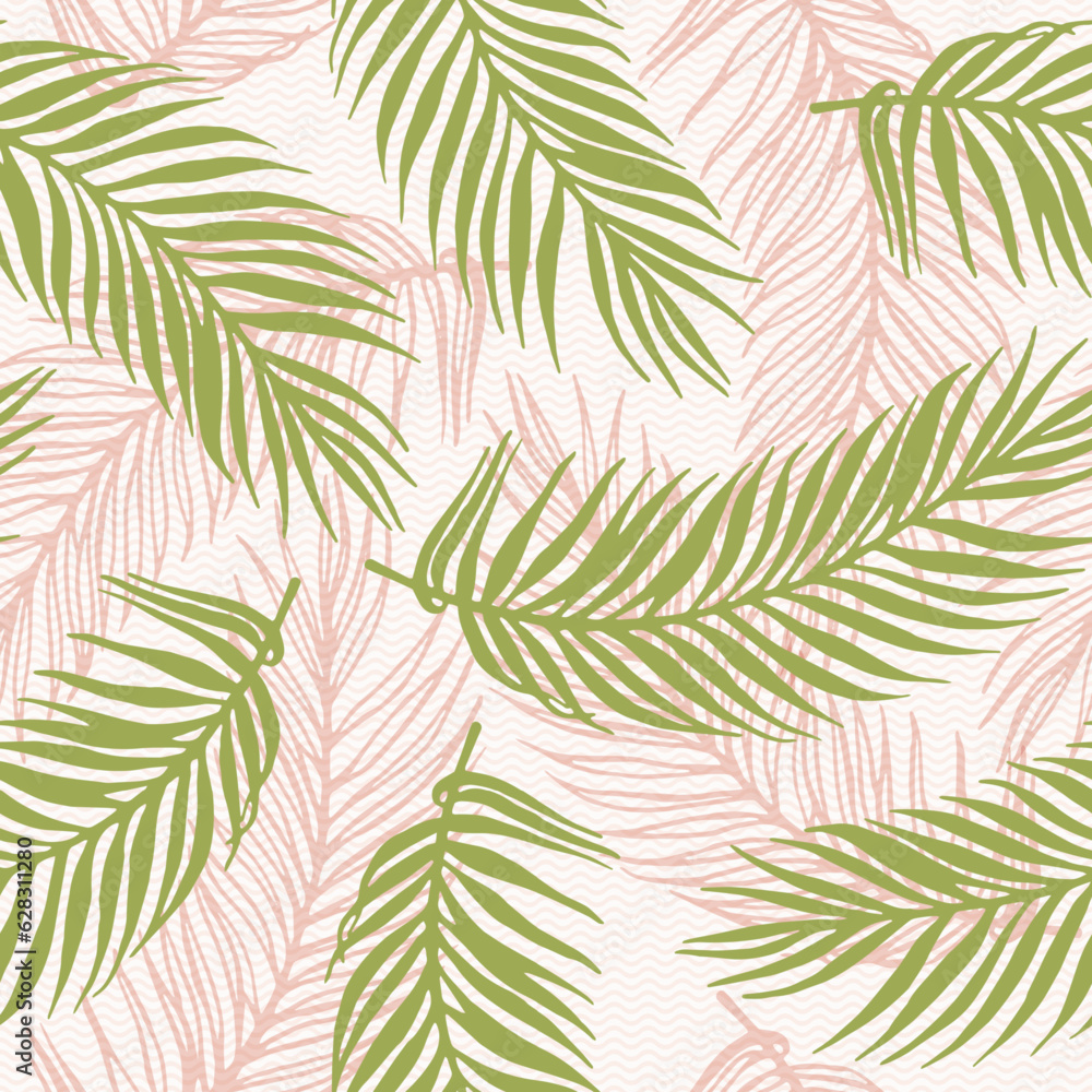 Repeat jungle palm leaves vector pattern. Floral elements over waves texture