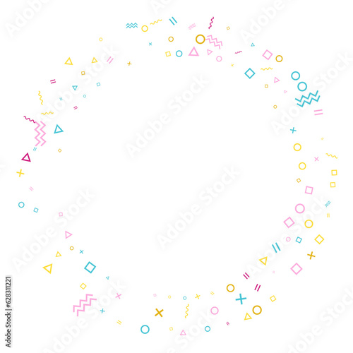 Memphis style geometric confetti background with triangle, circle, square, zigzag and wavy line