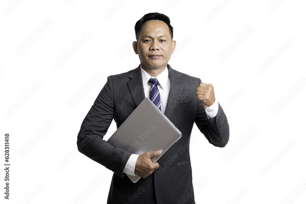 Business man in suit, holding laptop, showing joy gesture, success, businessman concept Business man in suit, holding laptop, showing joy gesture, success, businessman concept