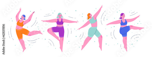 Group of colorful cartoon women characters in various dynamic dancing poses. Flat colorful people vector illustration. 