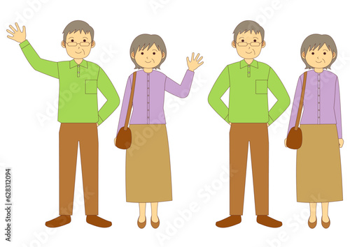 外出する老夫婦のイラストのセット_1_主線あり
