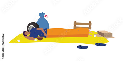 homeless poor man sleeping beggar lonely crisis economy wear torn clothes casual apparel sadness social life
