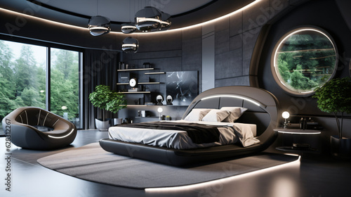 Interior of a cozy modern futuristic luxus bedroom - created with AI 