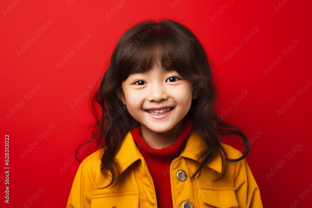 Asian school age girl in a red dress against a yellow background. school. Institute. education concept. AI generated image Asian school age girl in a red dress against a yellow background. school. Institute. education concept. AI generated image