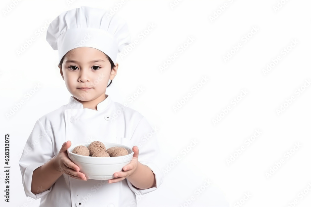 Little girl on kitchen dressed as a kitchen chef on white background with copy space. Generative Ai Little girl on kitchen dressed as a kitchen chef on white background with copy space. Generative Ai