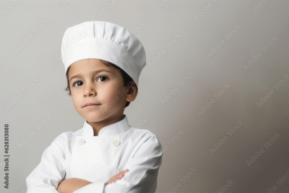Little kid with Chef Uniform on white background with copy space. Generative Ai Little kid with Chef Uniform on white background with copy space. Generative Ai