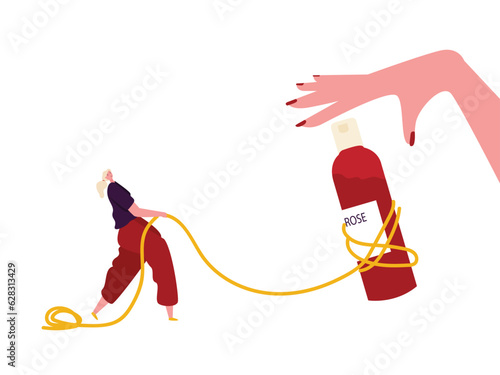 forearm hand fingernail try to grab perfume bottle cosmetic and pretty girl pulling gripping rope