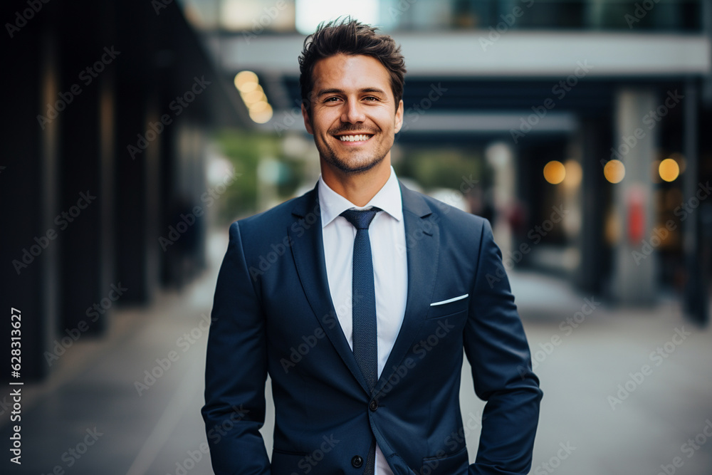 attractive businessman smiling in suit and tie. business success concept. manager of a large business company. AI generated image