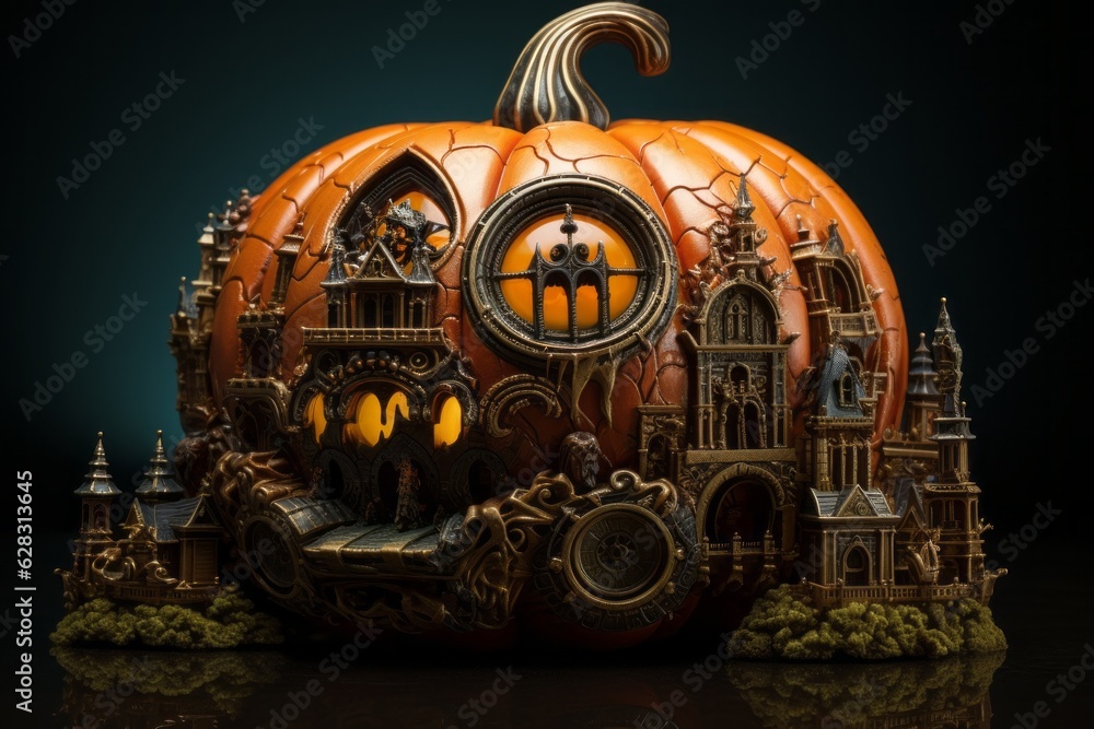 Abstract steampunk pumpkin. Halloween concept. Background with selective focus and copy space