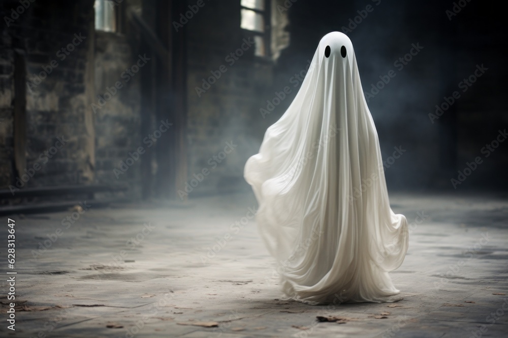 White sheet ghost costume. Ghost Challenge. Halloween concept. Background with selective focus and copy space White sheet ghost costume. Ghost Challenge. Halloween concept. Background with selective focus and copy space