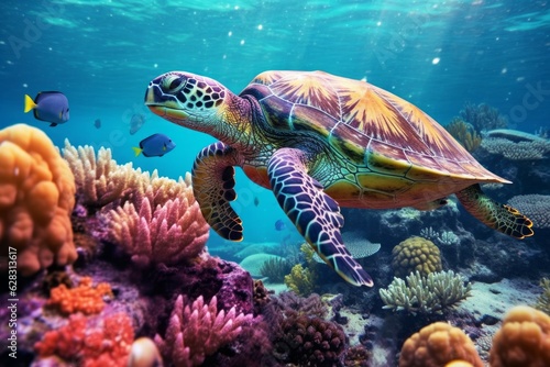 Beautiful turtle under sea water. AI generated, human enhanced. © top images