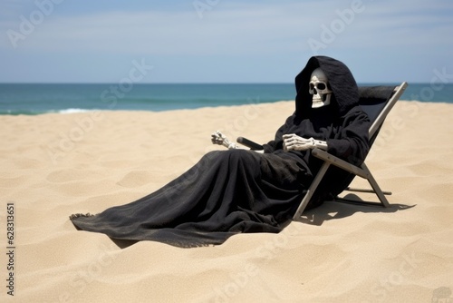 The image of Death or Grim reaper is sunbathing on the beach. Halloween concept. Background with selective focus