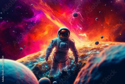Cosmonaut or astronaut in rainbow colors. Background with selective focus and copy space. AI generated, human enhanced © top images