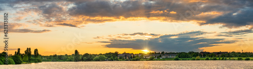 Furzton lake panorama at sunset in Milton Keynes. England 