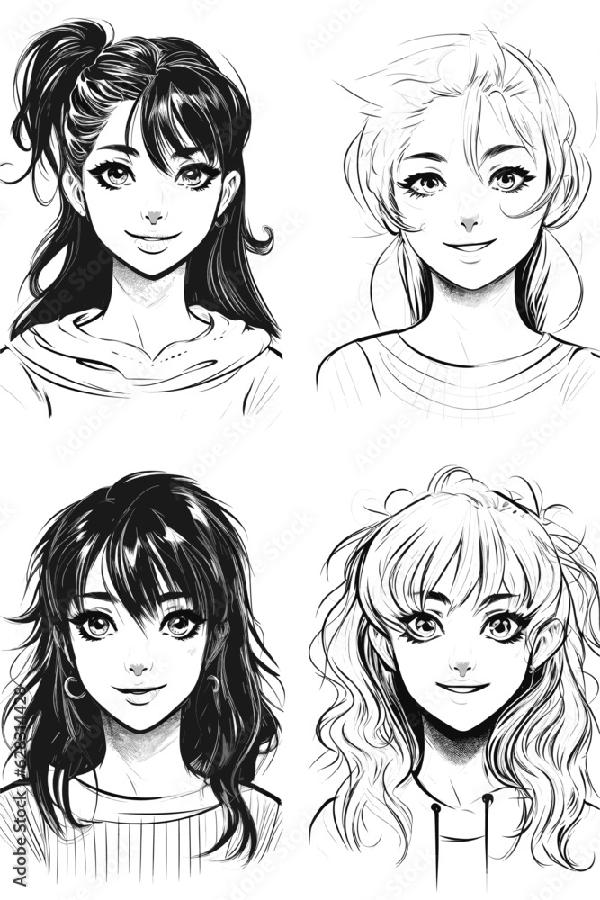 Happy black and white portraits of teenage girls, happy girls in anime or manga style. Simple vector white and black Happy black and white portraits of teenage girls, happy girls in anime or manga style. Simple vector white and black