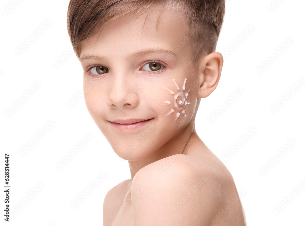 Smiling boy with sun protection cream on his face against white background Smiling boy with sun protection cream on his face against white background